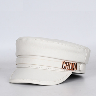 2021年秋冬新款真皮鸭舌帽船长帽女小羊皮复古平顶帽时尚中国帽子