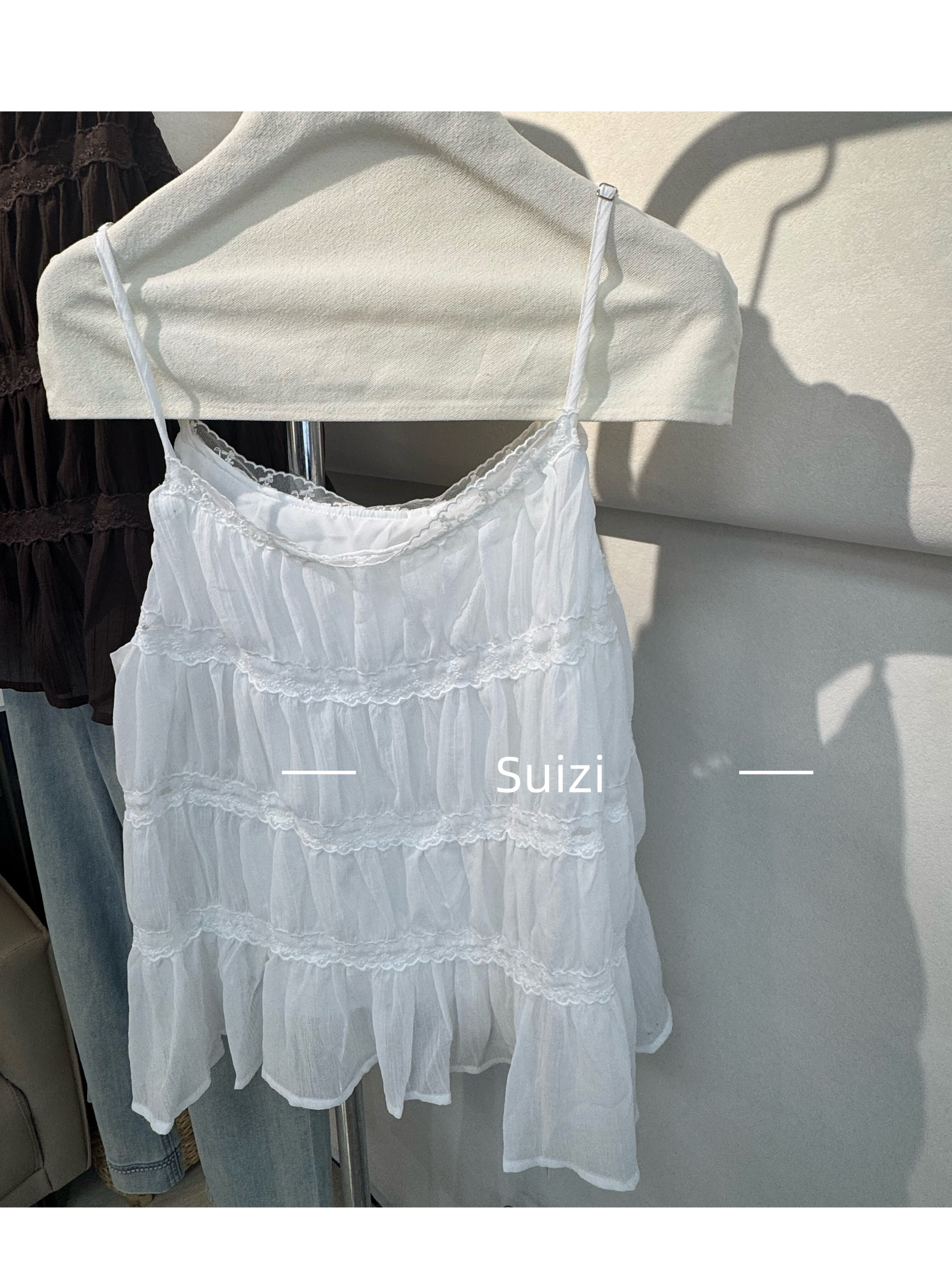 【Suizi】新款韩版重工蕾丝花边吊带女设计感小众无袖上衣