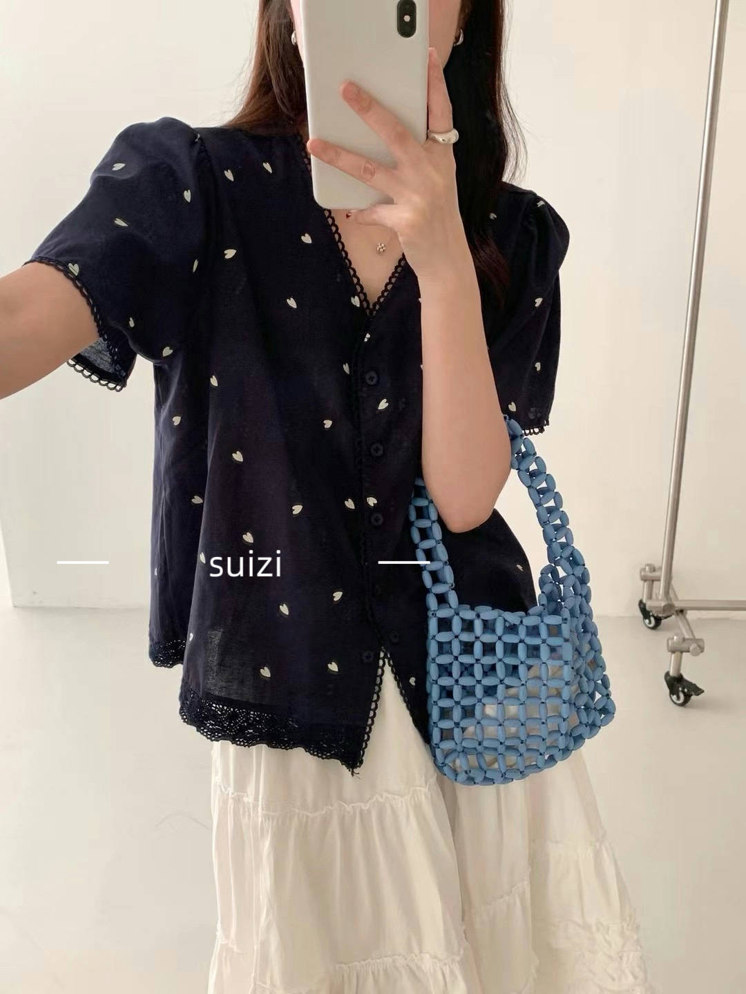 【Suizi】小爱心苎麻衬衫新款女装韩版时尚蕾丝花边短袖小衫上衣