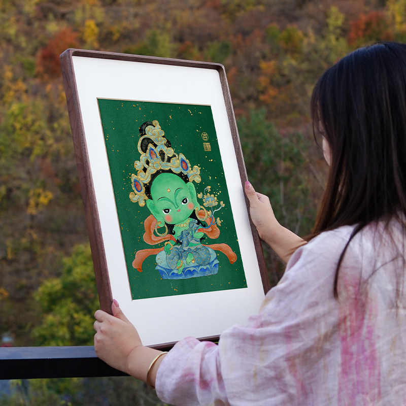 李大吉 绿度母菩萨观自在唐卡藏式卡通Q版禅意装饰画客厅民宿挂画