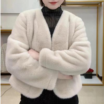 短款小香风V领仿水貂绒外套女2024秋冬季新款皮毛一体保暖大衣潮