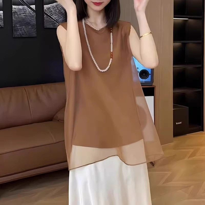 无袖背心衬衫女2026新款爆款夏季网纱小衫轻奢高级感气质雪纺上衣
