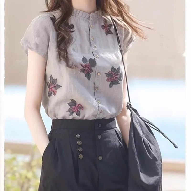 夏季法式复古民族风棉麻短袖衬衫女设计感甜辣妹休闲绝美印花上衣