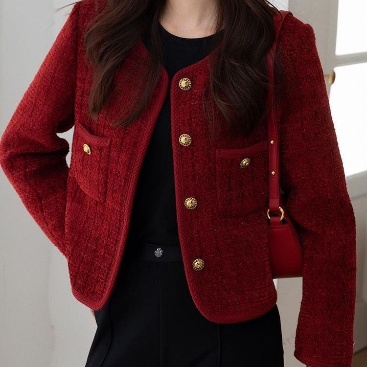 酒红色小香风外套女短款春秋2026新款小个子法式气质名媛休闲上衣,女装/女士精品,短外套,淘宝优惠券,粉丝福利购,淘宝优惠卷