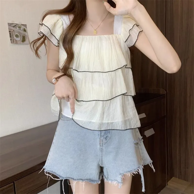 荷叶边方领正肩飞飞袖短袖雪纺衬衫女夏季大码胖mm减龄小衫娃娃衫