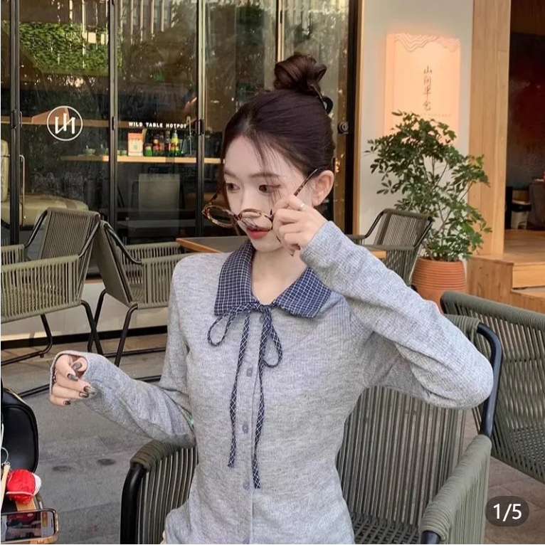 学院风格纹拼接假两件针织开衫女秋季绑带毛衣外套刺绣Polo领上衣