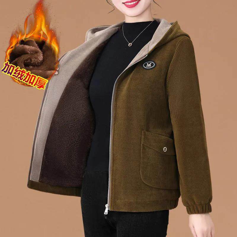 中年女装秋冬季连帽条绒外套休闲妈妈装灯芯绒棒球服加绒今年新款