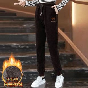 小熊灯芯绒运动卫裤女秋冬季加绒加厚妈妈女士裤子显瘦萝卜哈伦裤