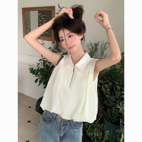 白色无袖衬衫女夏2026新款爆款宽松下摆蓬蓬翻领上衣别致漂亮小衫