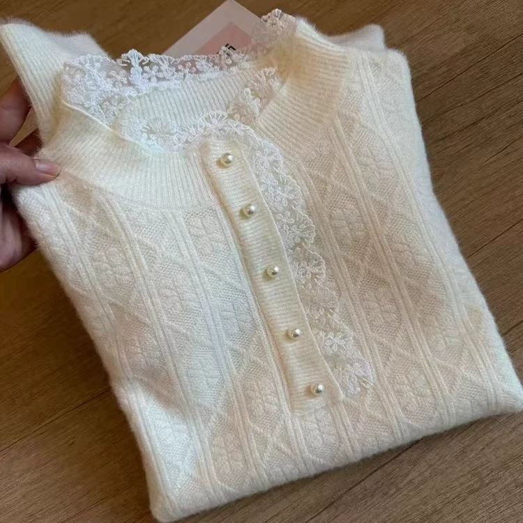 法式气质钉珠立领绞花洋气针织毛衣秋冬厚实软糯松弛感白色上假领,女装/女士精品,毛衣,淘宝优惠券,粉丝福利购,淘宝优惠卷