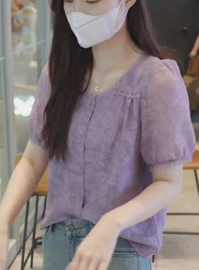 泡泡袖紫色雪纺短袖衬衫女夏季设计感小众上衣小个子显瘦气质衬衣