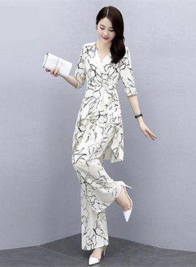 雪纺阔腿裤套装时髦2026新款夏装时尚显瘦大码女装印花两件套长裤