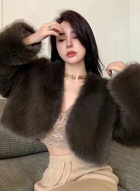 韩国秋冬季加厚超短仿狐狸毛皮草外套女气质名媛甜美时尚毛绒上衣