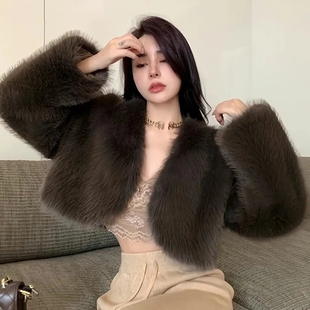 韩国秋冬季加厚超短仿狐狸毛皮草外套女气质名媛甜美时尚毛绒上衣