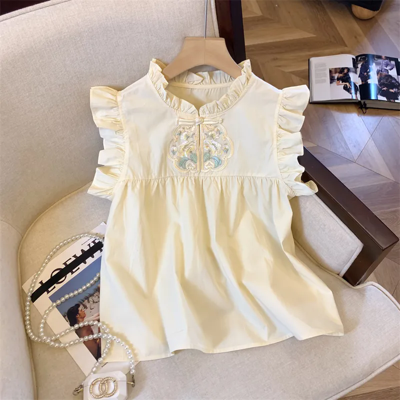 新中式盘扣刺绣小飞袖衬衫女宽松遮肚显瘦雪纺衫气质国风上衣夏季