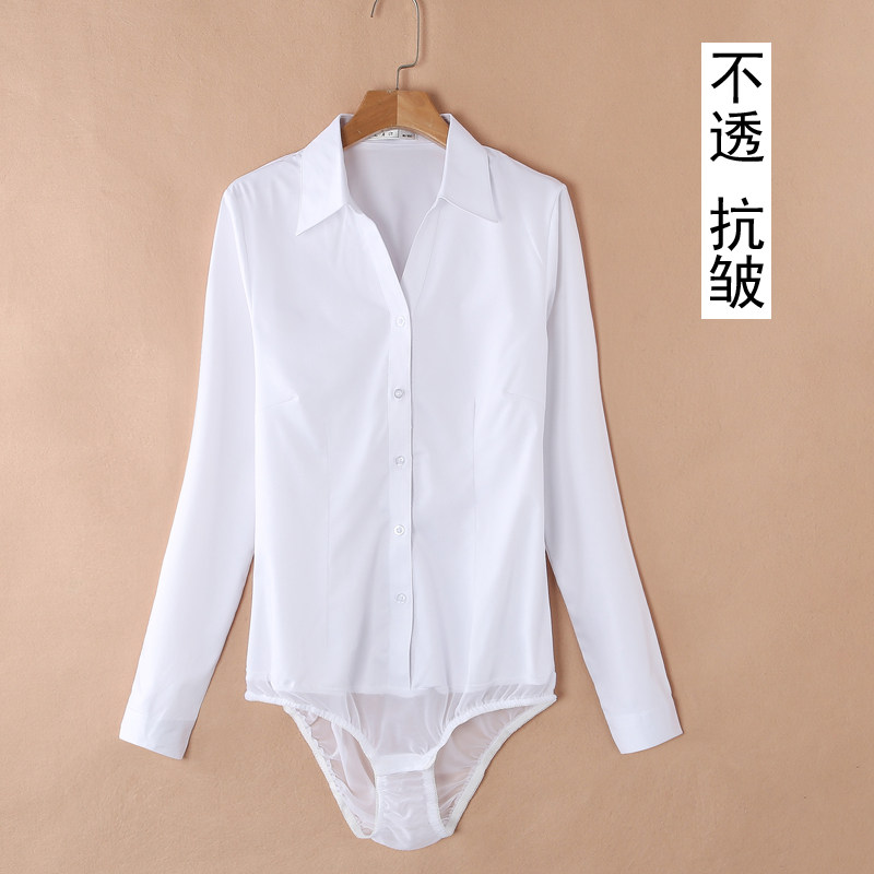 轻奢 弹力V领白衬衫连体职业装女打底衫新款面试公务员工装长袖