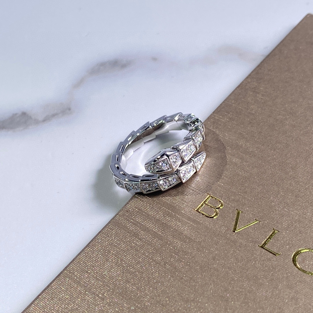 BVLGARI/宝格丽L号白金窄版满钻蛇头戒指 正品保真 支持鉴定