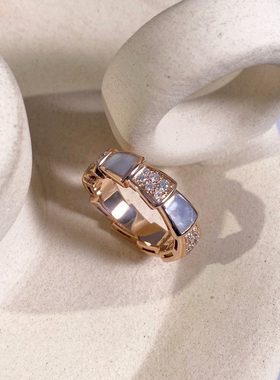 Bvlgari宝格丽55号玫瑰金宽版镶钻白贝母蛇骨戒指 正品保真