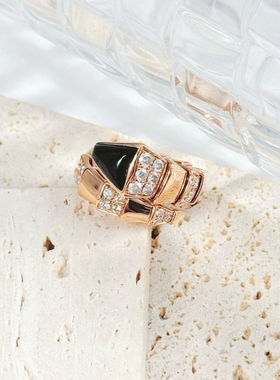 Bvlgari宝格丽L号玫瑰金宽版镶钻缟玛瑙蛇头戒指 正品保真