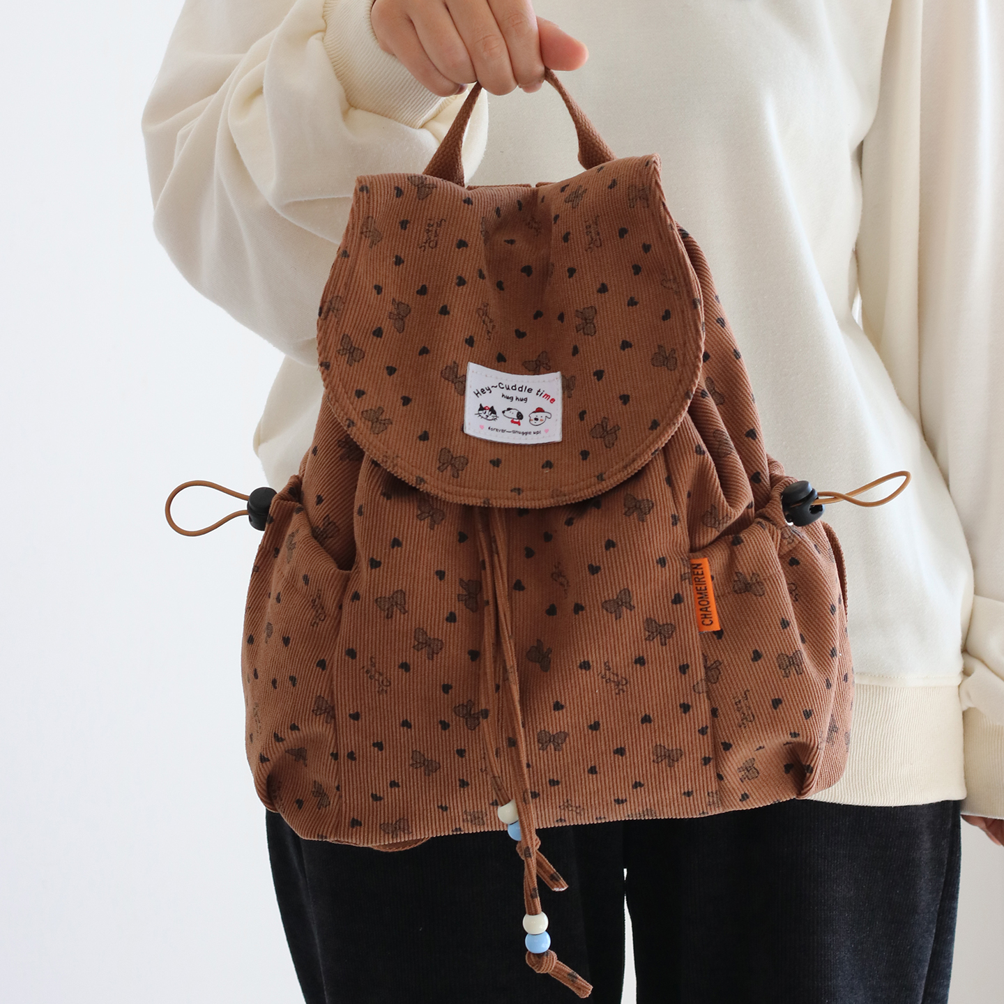 ins抽绳迷你条绒双肩包