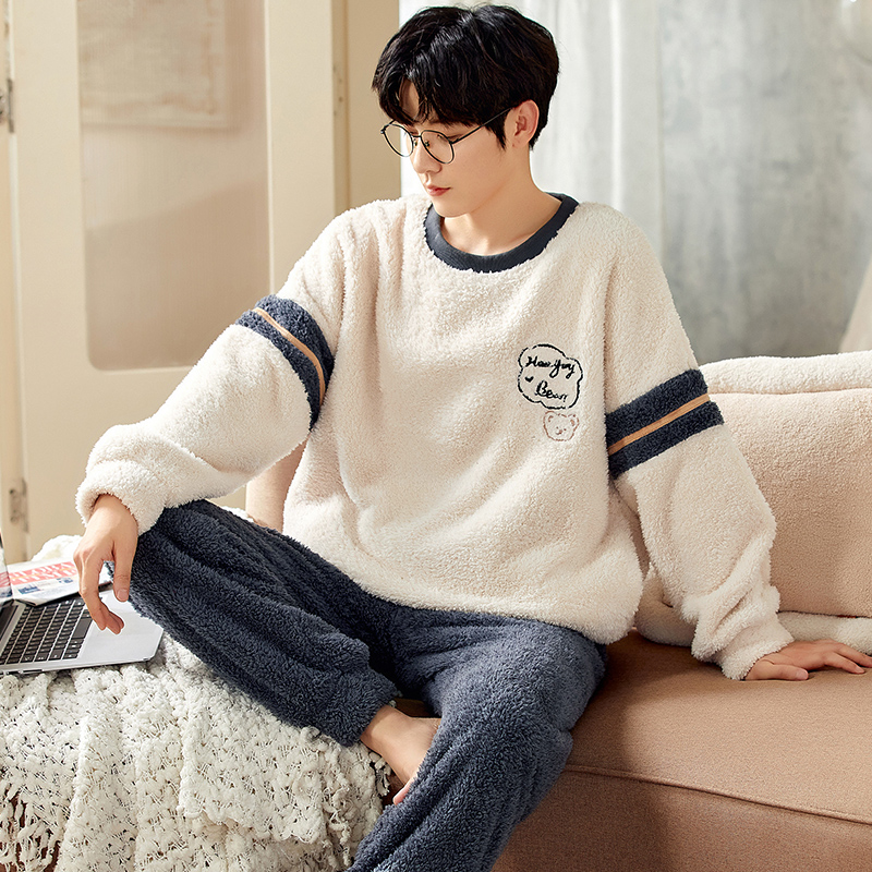 秋冬款中学生睡衣睡裤男毛毛珊瑚绒初中生圆领套头冬天青少年冬季