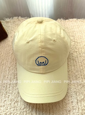 奶油黄色韩版棒球帽女可爱线条小狗刺绣弯檐休闲百搭时髦鸭舌帽潮