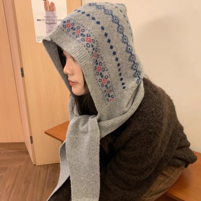 费尔岛提花羊毛针织巴拉克拉法帽女秋冬大头保暖围巾一体苏菲兜帽