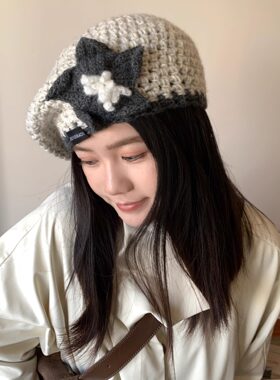 小众设计师款韩国针织花花贝雷帽女秋冬复古时髦百搭可爱文艺帽子