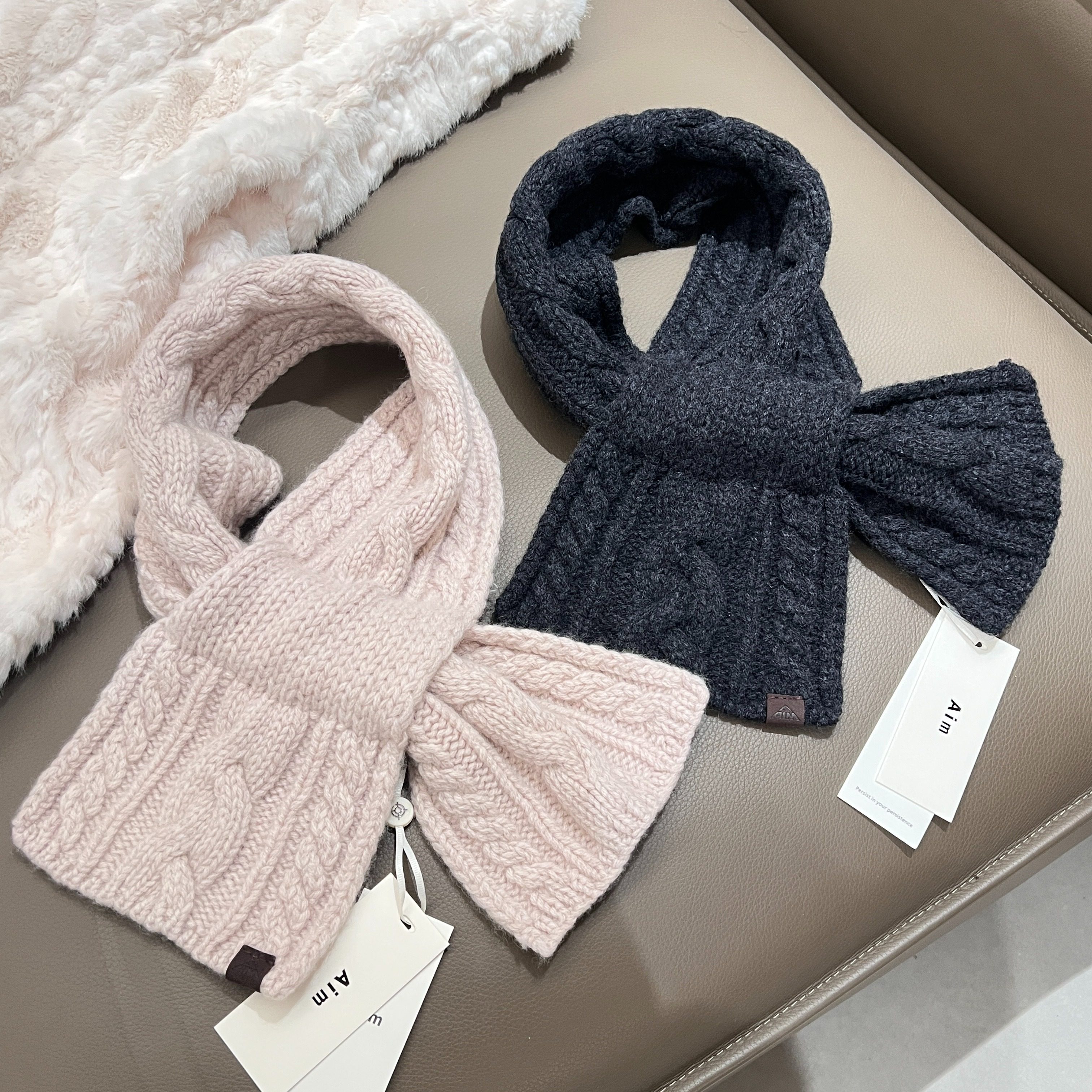 100%羊毛针织交叉小围巾女冬季简约麻花提花保暖复古简约洋气围脖