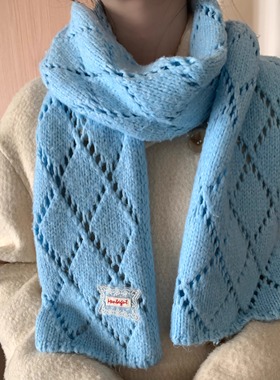 温柔白月光～ins菱形针织围巾女冬韩版蕾丝长款保暖气质蓝色围脖