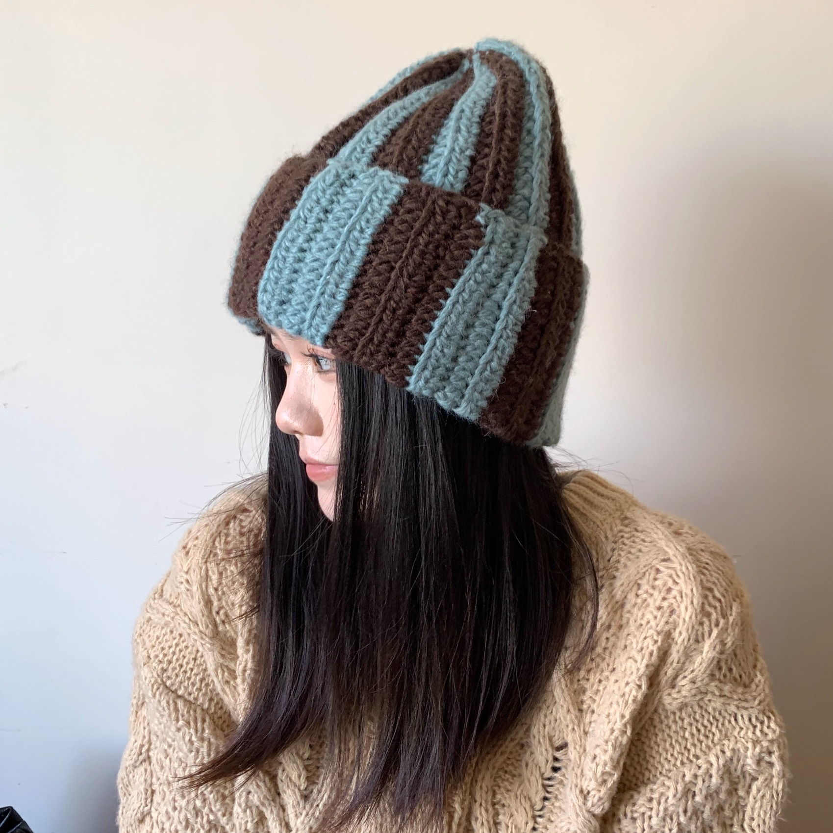 很特别的配色~纯手工针织毛线帽子女秋冬韩版复古慵懒蓝咖条纹帽