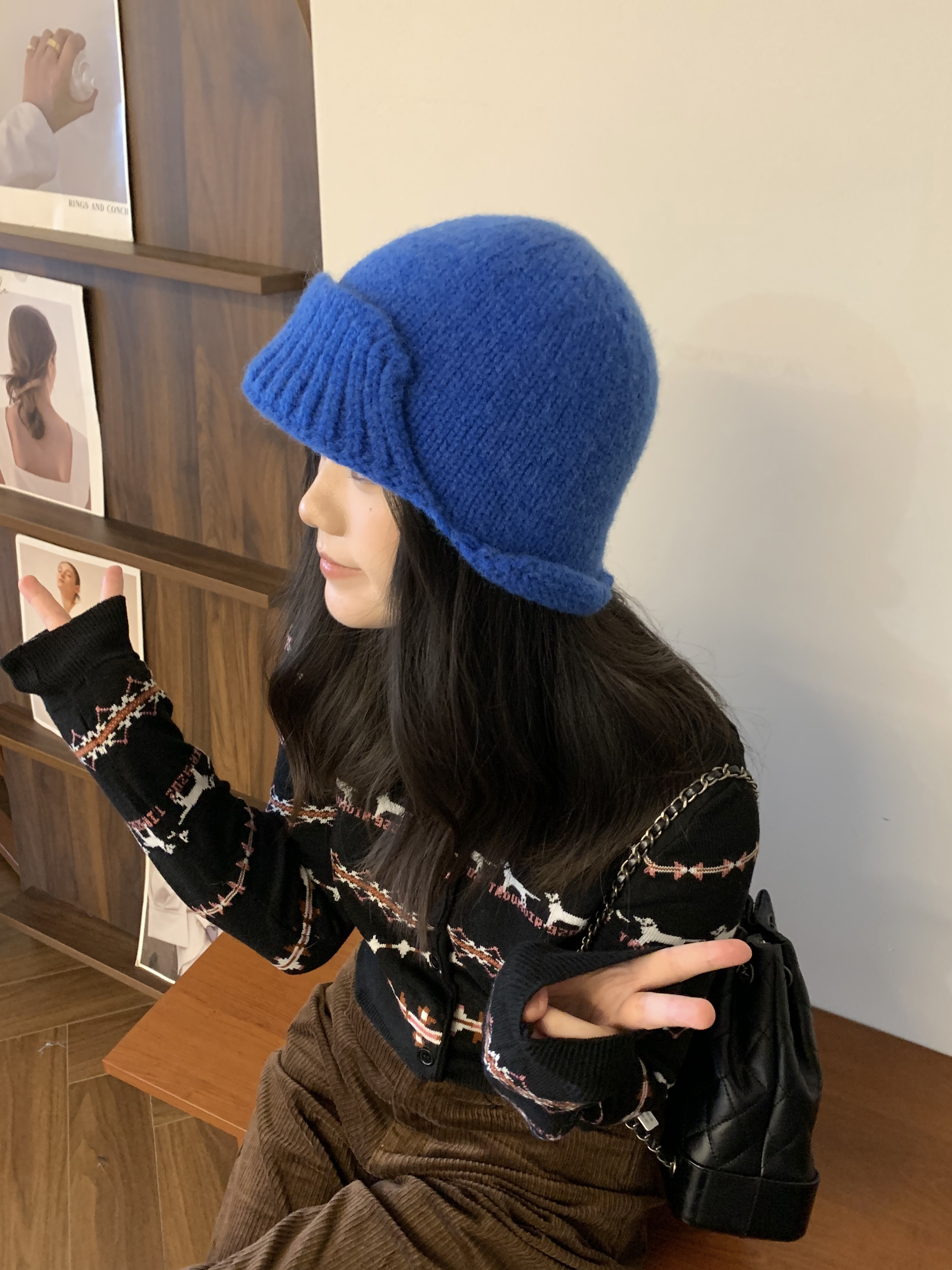 小众不规则针织渔夫帽女秋冬日系复古纯色卷边可爱文艺显脸小盆帽