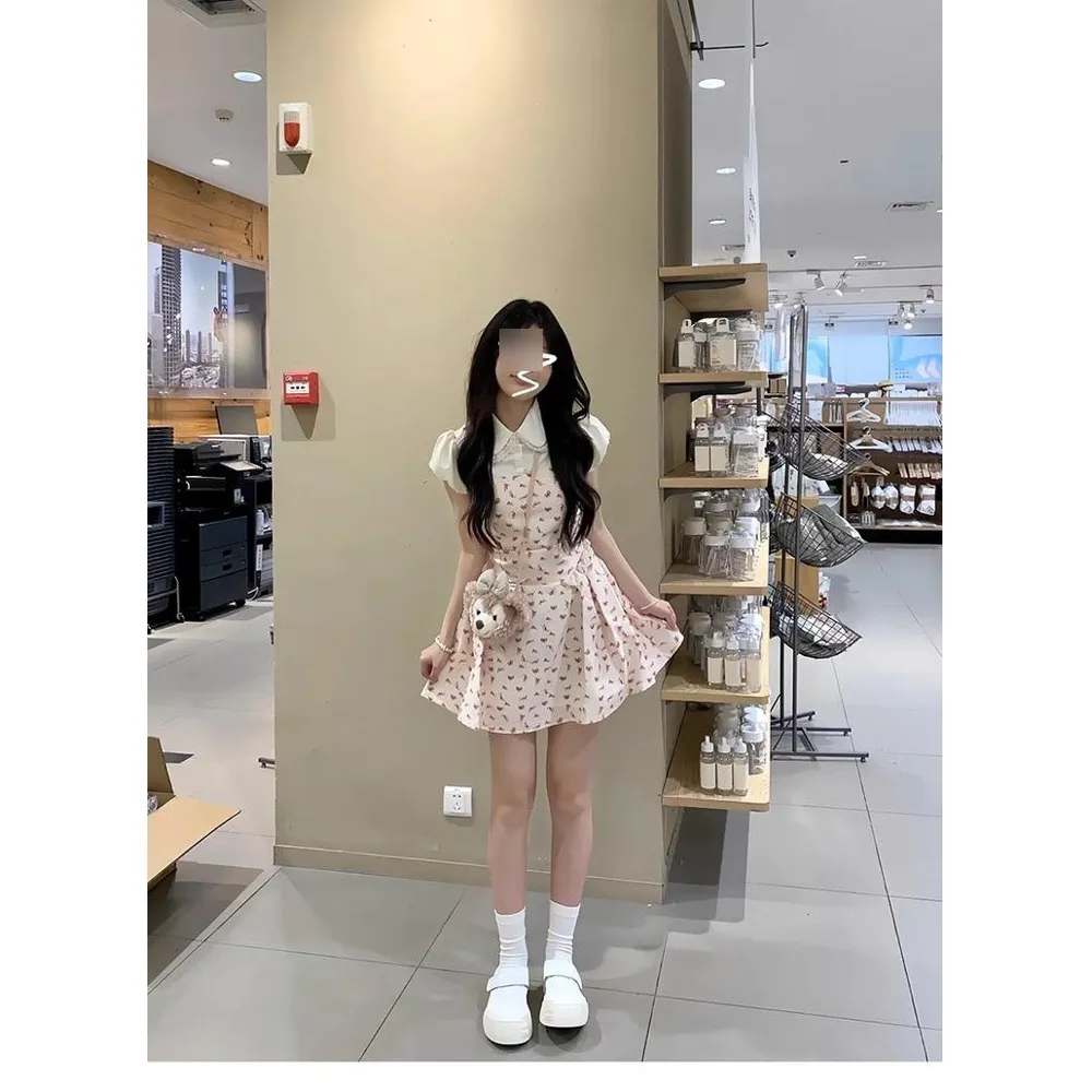 又甜又辣纯欲公主蛋糕短裙洋气夏娃娃领超仙减龄假两件碎花连衣裙