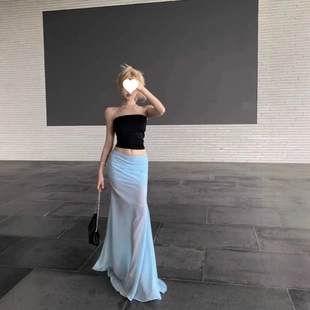 夏季 性感百搭網紗魚尾包臀裙兩件套 辣妹黑色抹胸背心女裝 氣質套裝