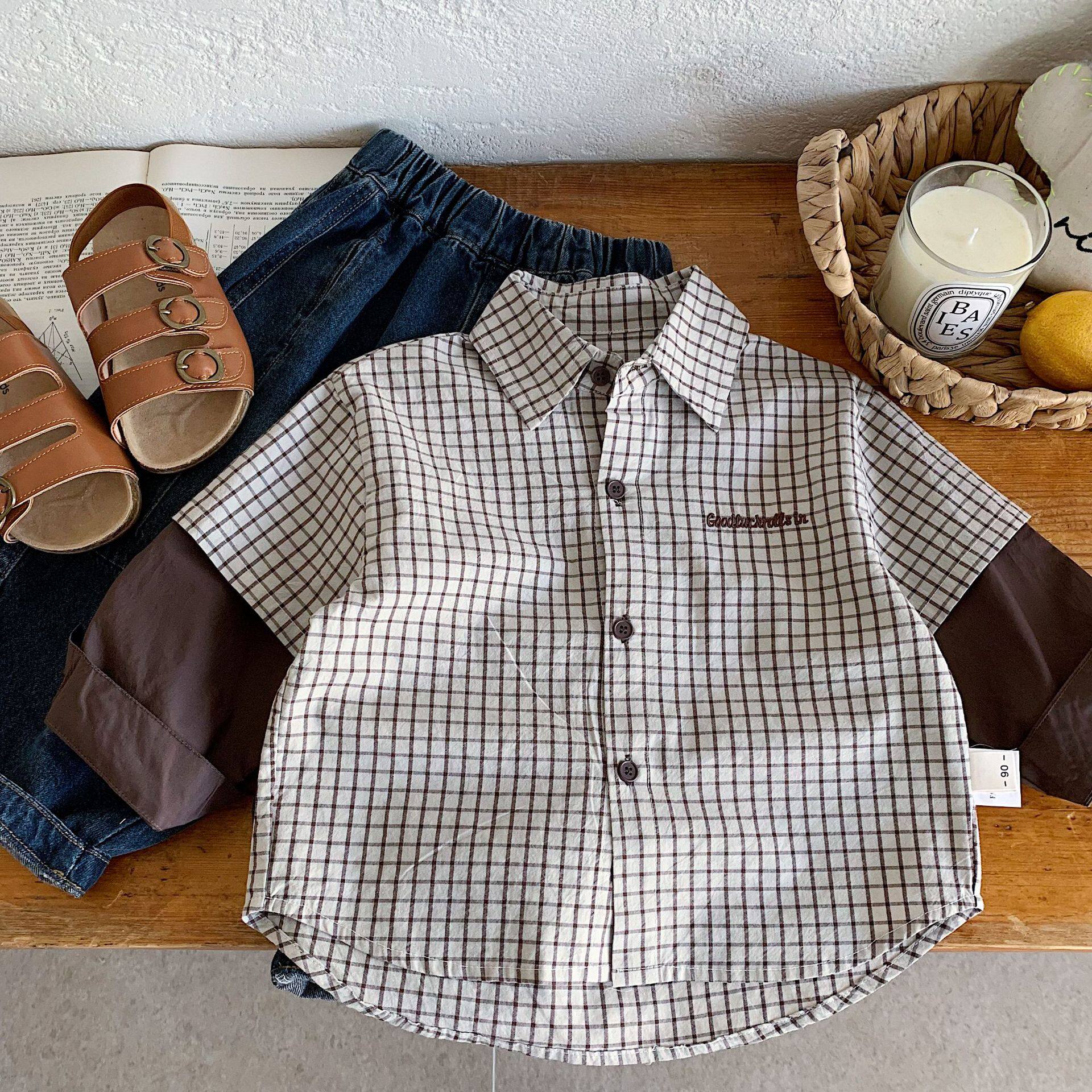 韩版2026春夏季新款男童纯棉衬衫儿童拼接假两件格子衬衣潮90-140