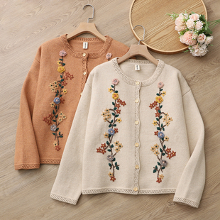 森女系手工立体钩花刺绣圆领针织开衫 宽松百搭羊毛混纺毛衣外套