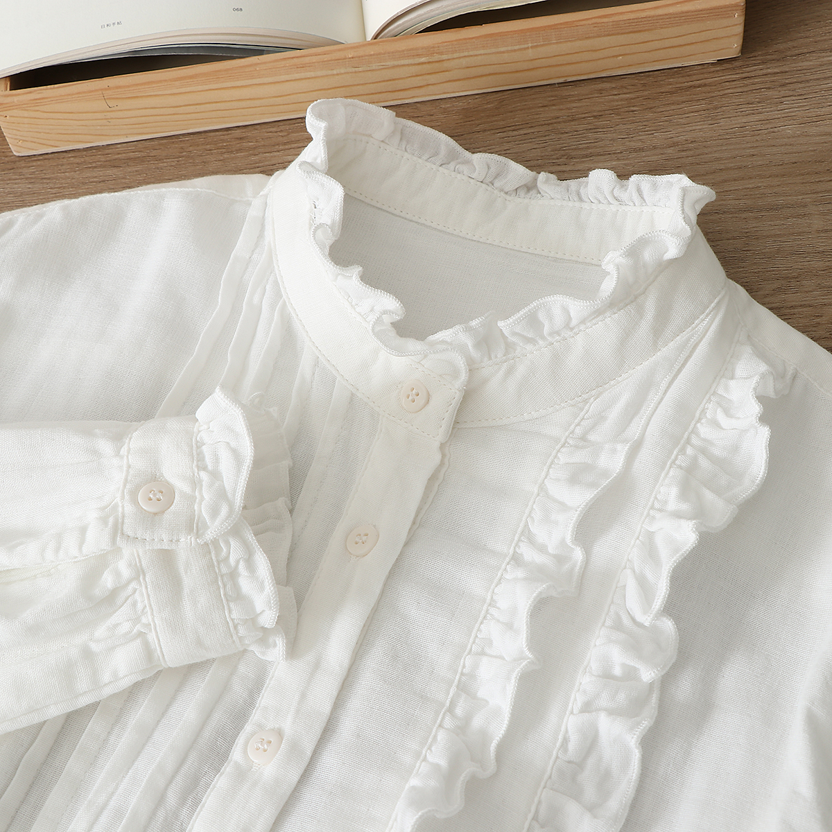 宽松木耳边立领双层棉纱长袖衬衫