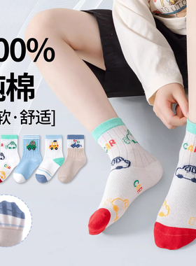 男童袜子夏薄款纯棉100%男孩网眼透气抑菌防臭吸汗卡通儿童中筒袜