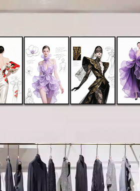 服装店装饰画礼服裙子服饰手绘设计挂画女装店轻奢时尚衣帽间壁画
