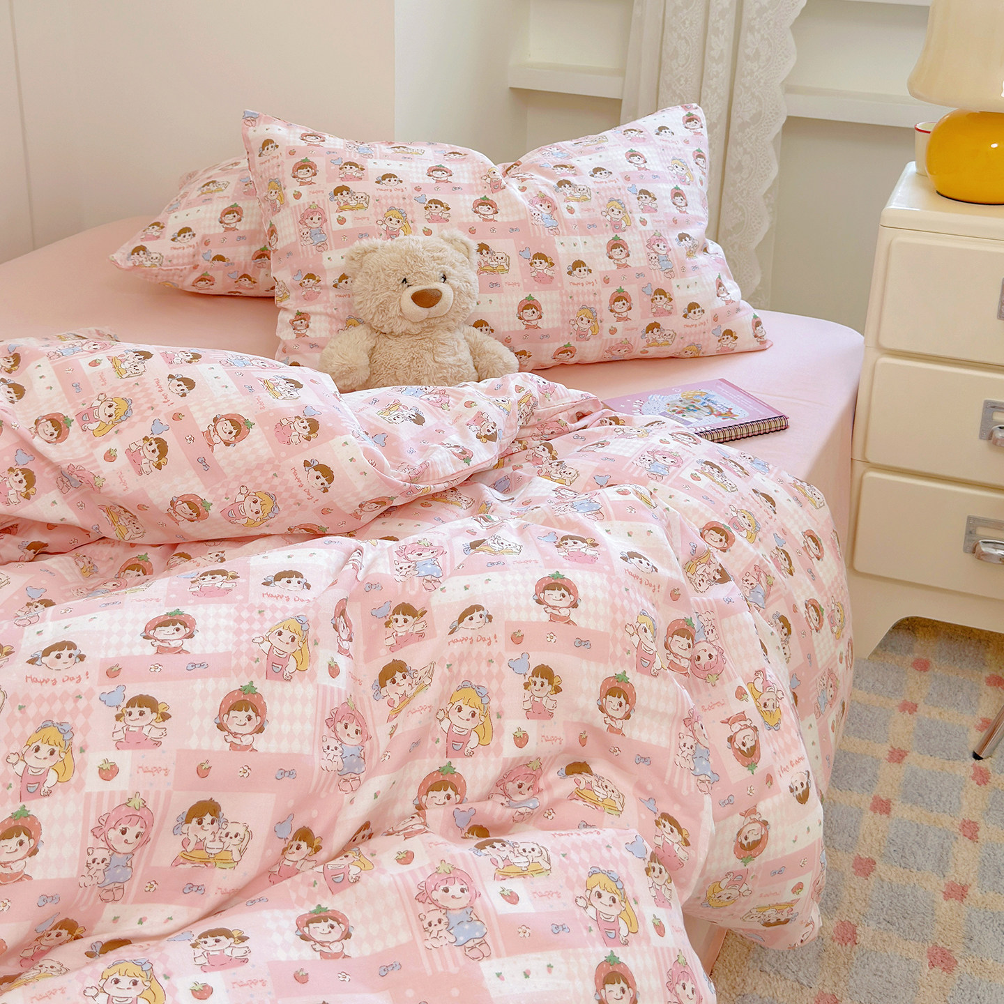 棒棒糖女孩 卡通全棉A类双层纱被套儿童宝宝纯棉纱布双人被罩定做