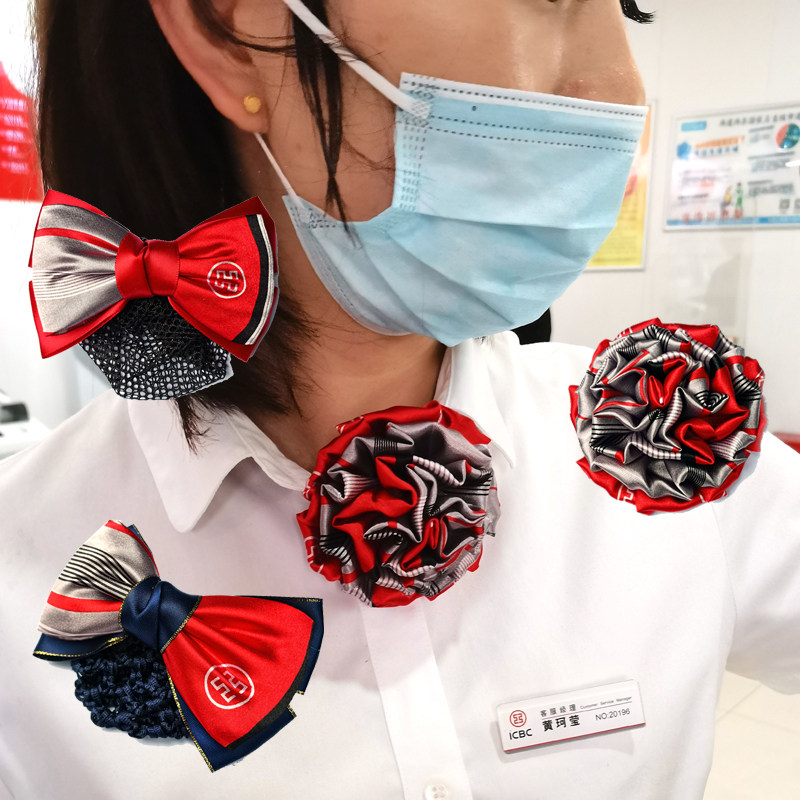 女士柜台职业条纹农村商业银行领花中国工商银行免打结丝巾蝴蝶结