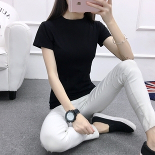 2019夏新款半高领短袖t恤女纯色韩范修身纯棉打底衫紧身半袖上衣