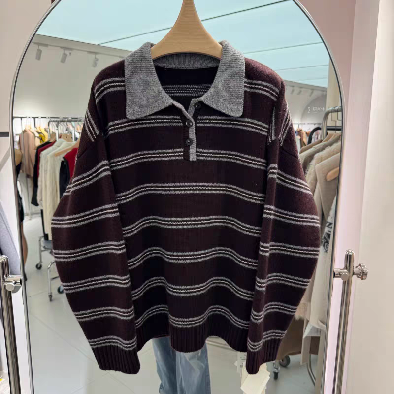 复古polo领条纹毛衣女