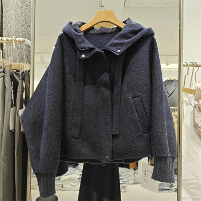 时尚连帽领双面羊绒拼接大衣