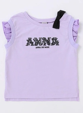 日本原单大牌ANNA SUI夏季女童紫色黑色绣花袖口罗纹短袖T恤1209