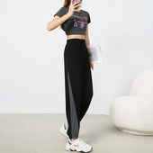 2025新款 撞色拼贴宽松阔腿垂感高腰束脚裤 夏冰丝雪纺运动裤 女薄款