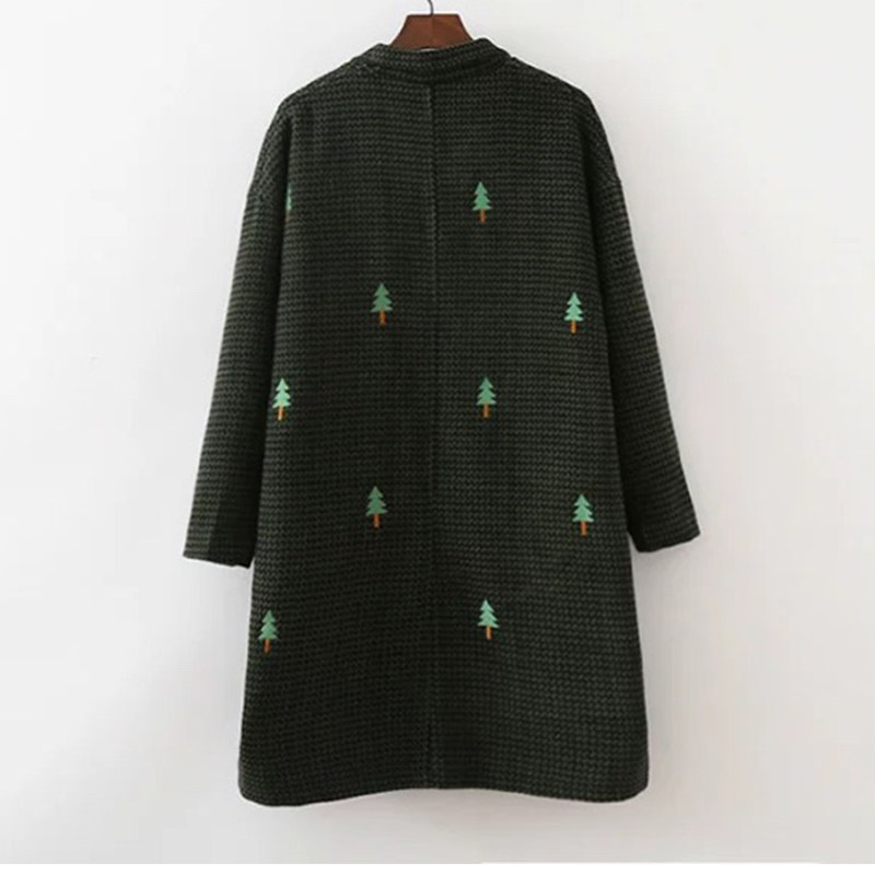 日系童趣绿千鸟格格纹松树小房子刺绣毛呢西装领女中长款秋冬外套