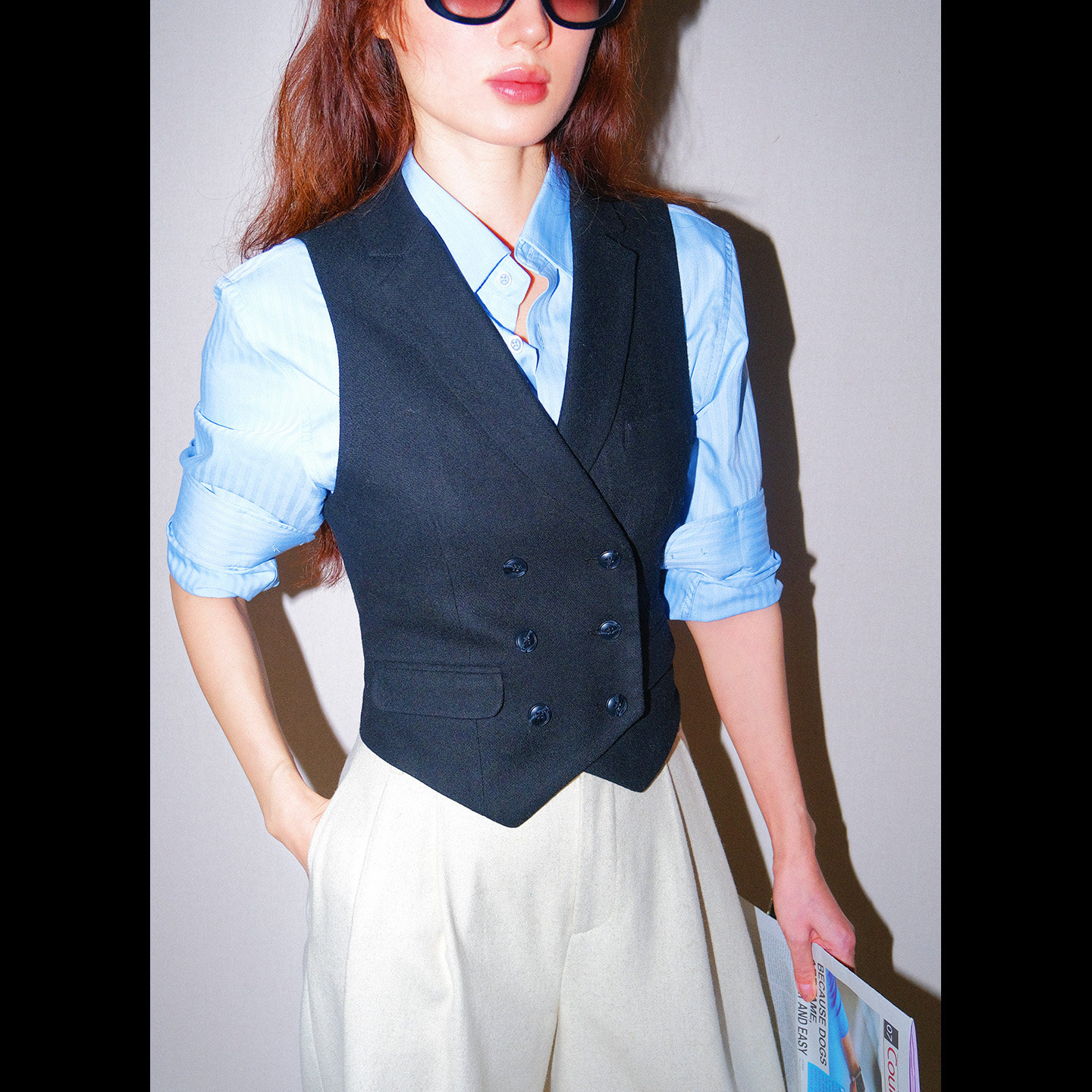 LISAYU黑色毛呢羊毛双排扣马甲粉蓝衬衣两件套装呢子马甲衬衣套装