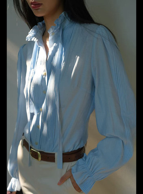 LISAYU白色粉蓝色飘带复古衬衣欧美贵族老钱衬衣马甲马裤三件套装