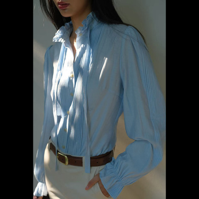 LISAYU白色粉蓝色飘带复古衬衣欧美贵族老钱衬衣马甲马裤三件套装